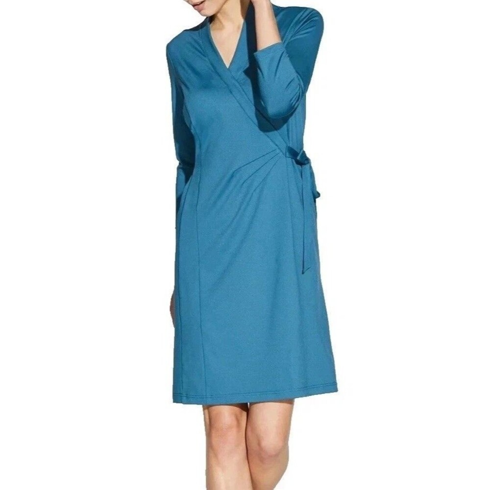 Noel Asmar Amari Faux Wrap Dress XS Blue Stretch Spa Uniform Moisture Wick NWT
